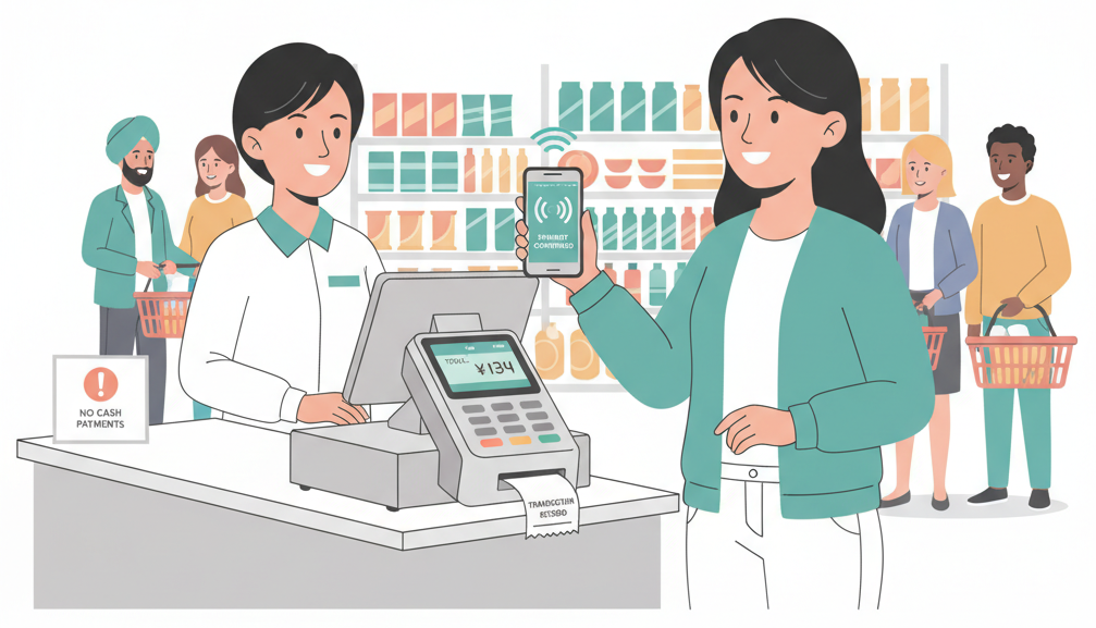 Foreign resident making a cashless payment at a Japanese convenience store