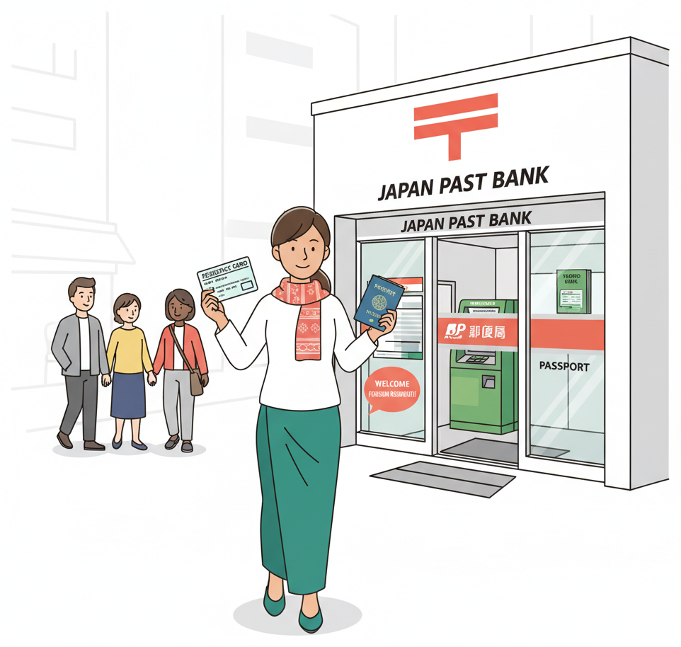 Foreign resident entering a Japan Post Bank branch to open an account