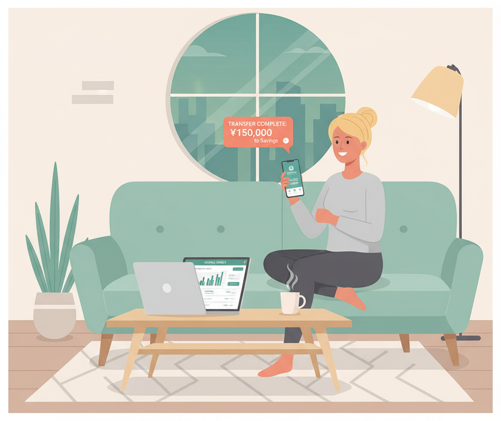 Foreign resident using online banking apps from her apartment in Japan