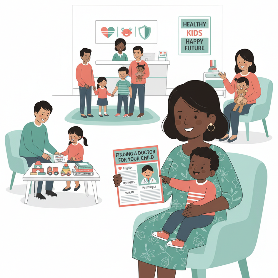 Foreign mother with child in a Japanese pediatric clinic waiting room