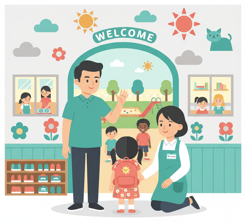 外国父亲将孩子送到温馨的日本保育园