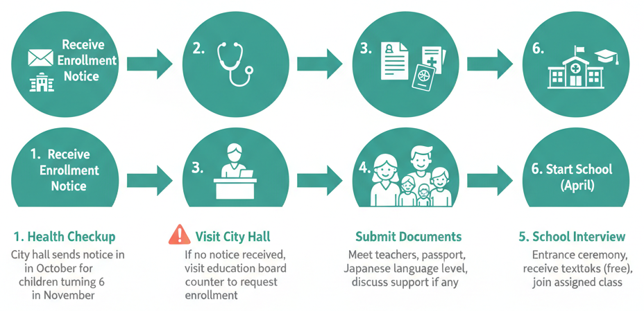 Flowchart showing six steps for enrolling a foreign child in Japanese school
