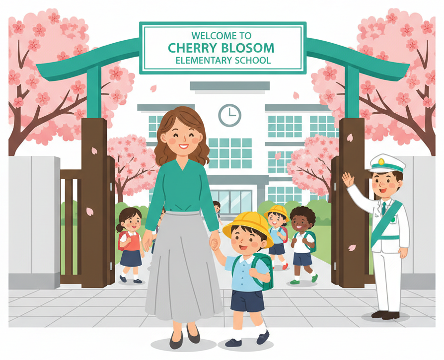 Foreign mother walking child to first day at a Japanese elementary school