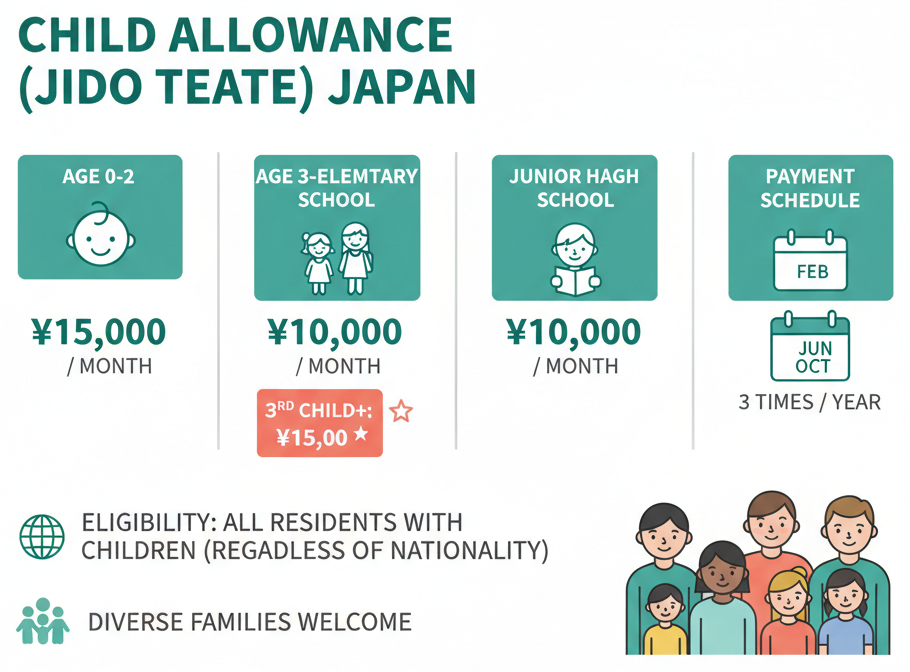 Infographic showing child allowance payment amounts by age group in Japan