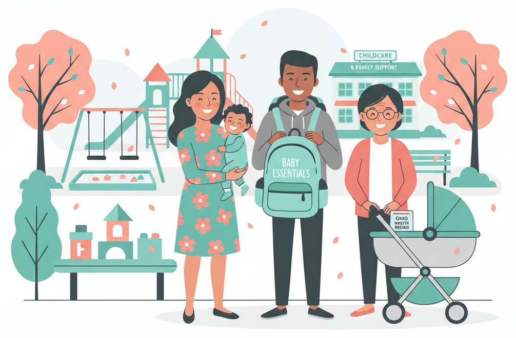 Diverse foreign family with children in a Japanese park near a nursery school