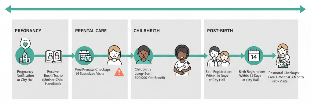Timeline infographic of maternal health support from pregnancy through birth registration