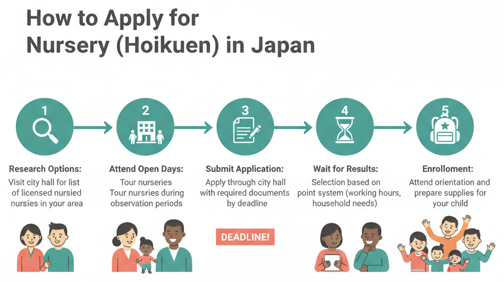 Step-by-step flowchart for nursery school application process in Japan