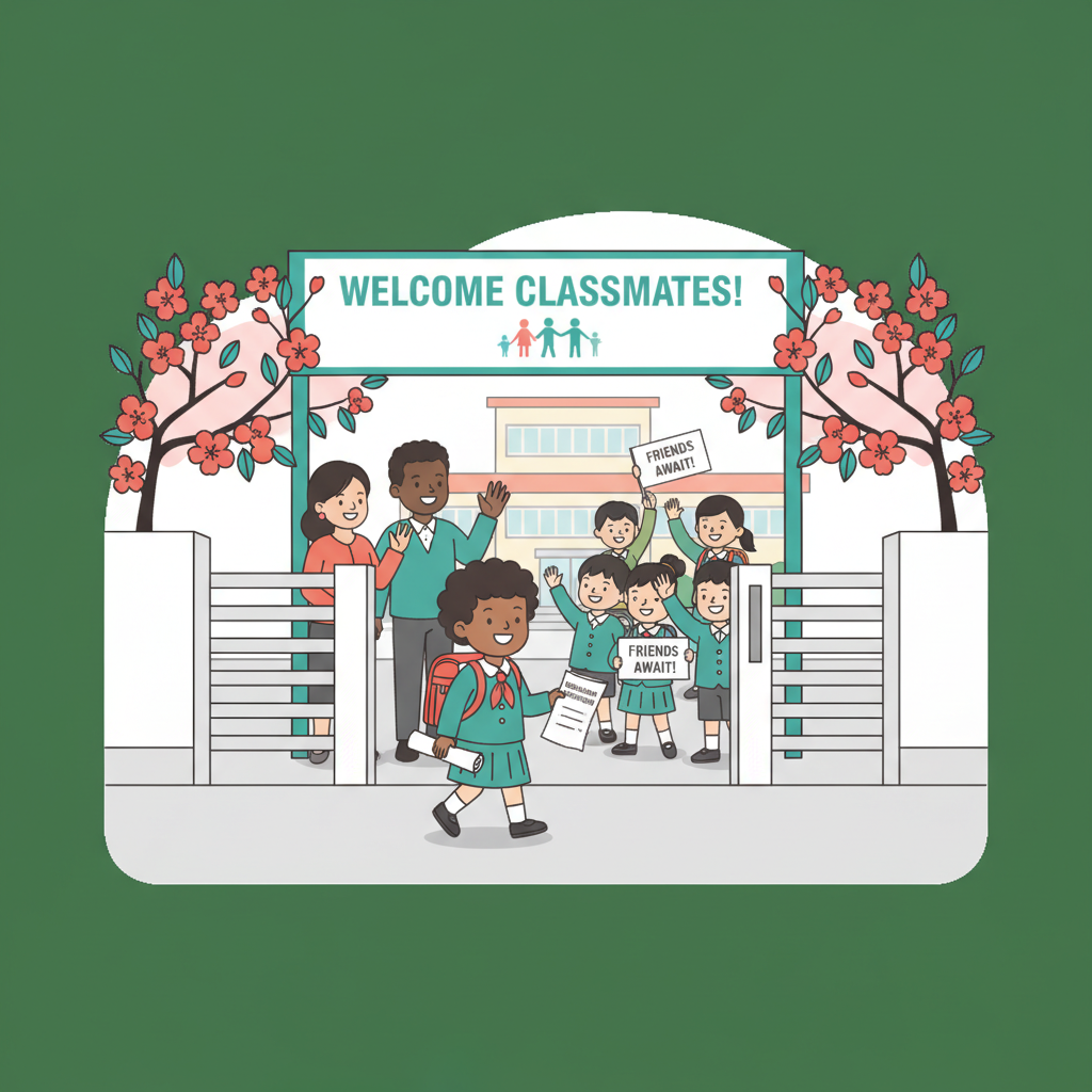 Foreign child with backpack entering a Japanese elementary school