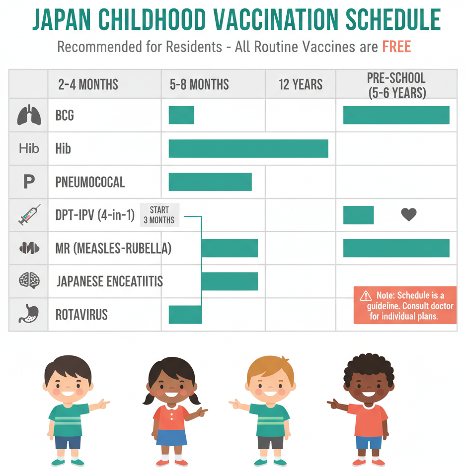 Grid chart showing the recommended childhood vaccination schedule in Japan
