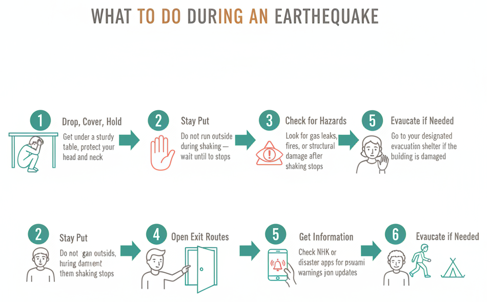 Step-by-step flowchart of what to do during an earthquake in Japan