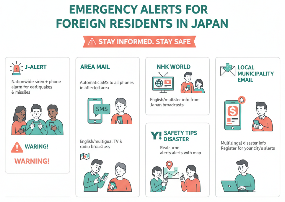 Infographic showing emergency alert systems and apps available in Japan