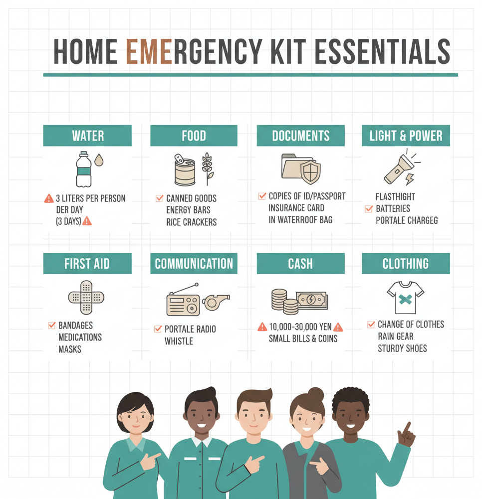 Categorized checklist of essential items for an emergency preparedness kit