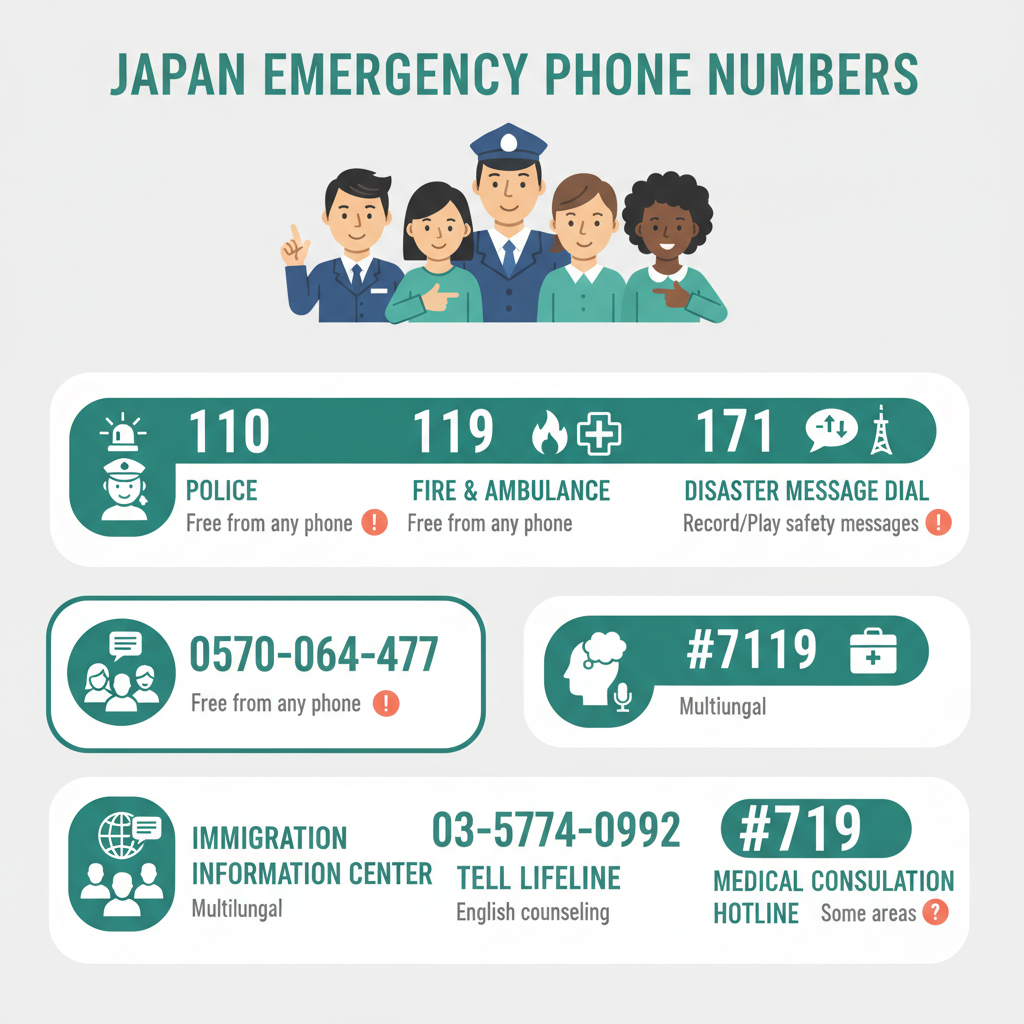 Emergency phone numbers chart showing police, fire, ambulance, and multilingual helplines