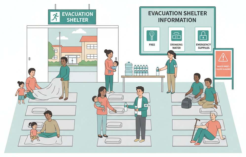 Evacuation shelter in a school gymnasium with diverse residents receiving supplies
