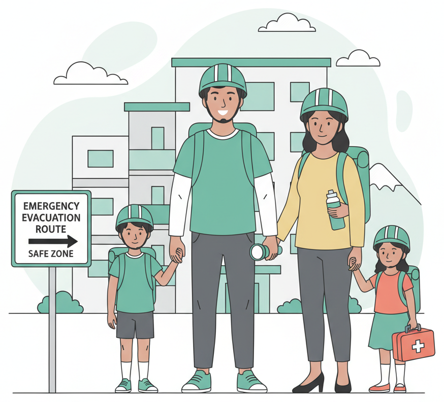 Prepared family with emergency supplies standing near an evacuation route sign