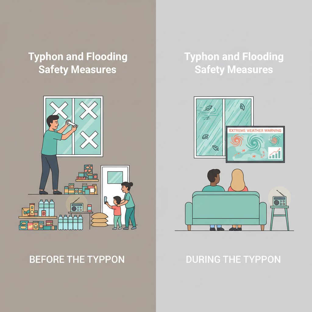 Split illustration showing typhoon preparation and staying safe indoors during the storm