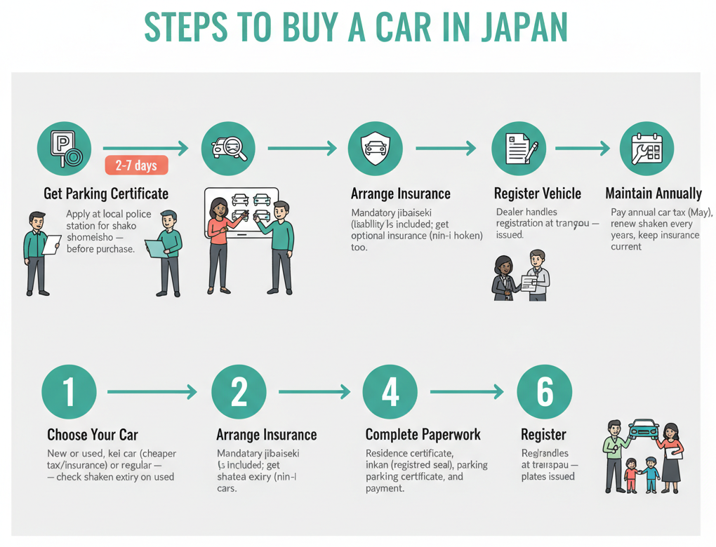 流程图显示在日本购买和注册汽车的六个步骤