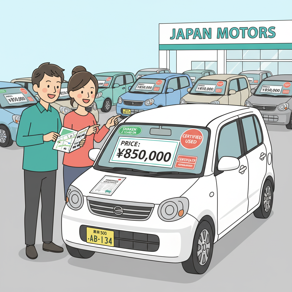 外国夫妇在日本的汽车经销商处与销售人员看车