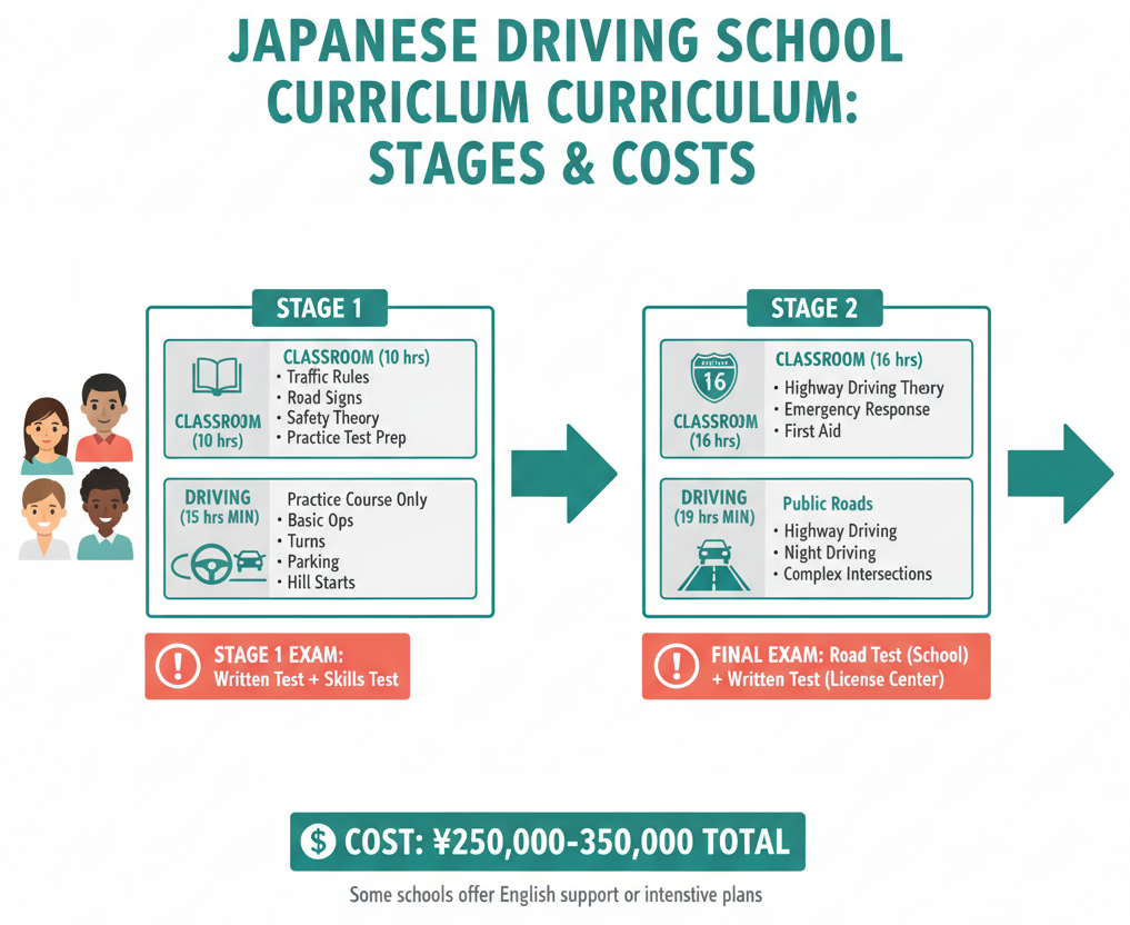 显示日本驾校课程两个阶段的进度图，包含小时数和考试