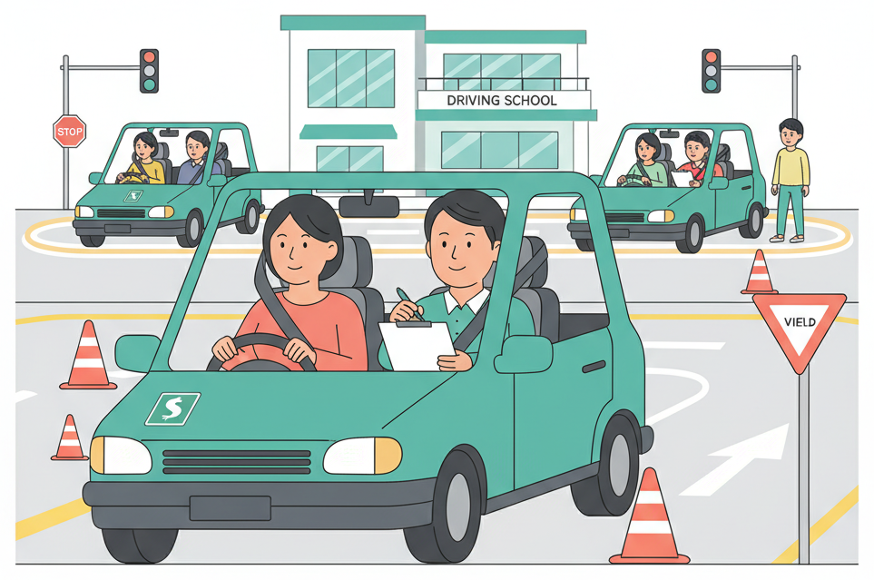 外国学生在日本驾校的实践课程中学习驾驶