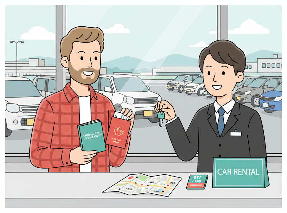 外国游客在日本租车柜台展示国际驾驶许可证