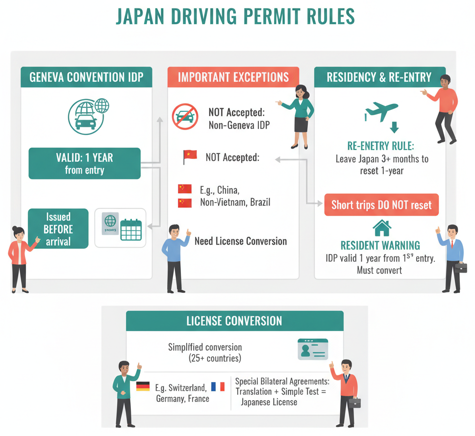 规则图表显示国际驾驶许可证的有效性、例外和转换选项