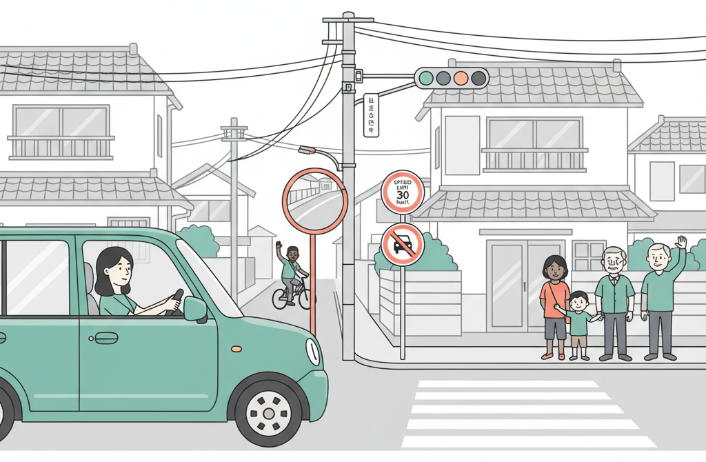 外国司机在狭窄的日本住宅街道上行驶，周围有行人