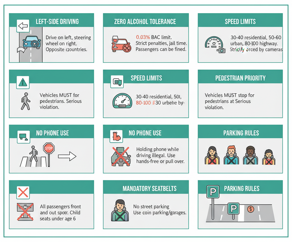 显示日本七项主要交通规则的网格，包括靠左行驶和零酒精容忍