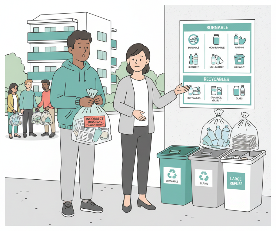 外国居民在邻居的帮助下学习垃圾分类错误