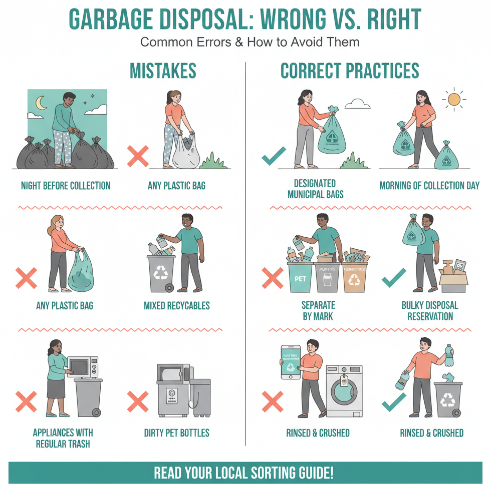 五个常见垃圾处理错误与正确方法的视觉对比