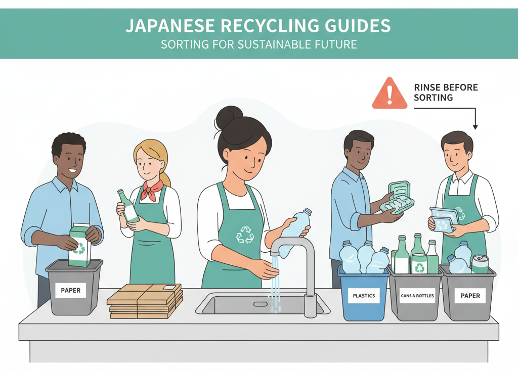 外国居民在日本公寓厨房清洗和分类可回收物品