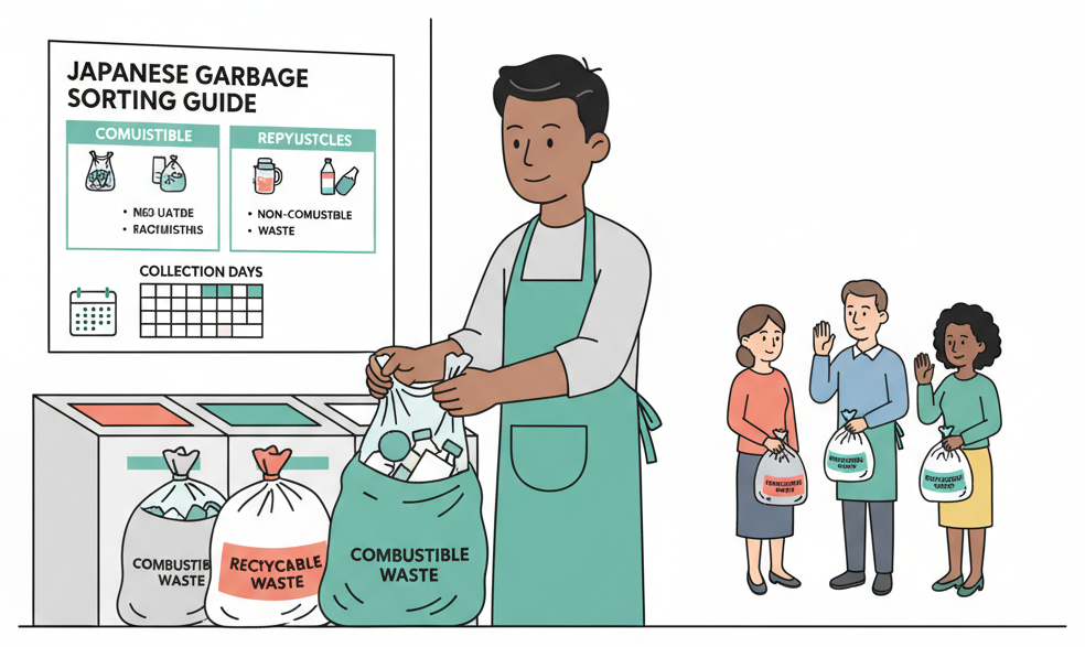 外国居民在公寓收集区仔细将垃圾分类到颜色编码的袋子中