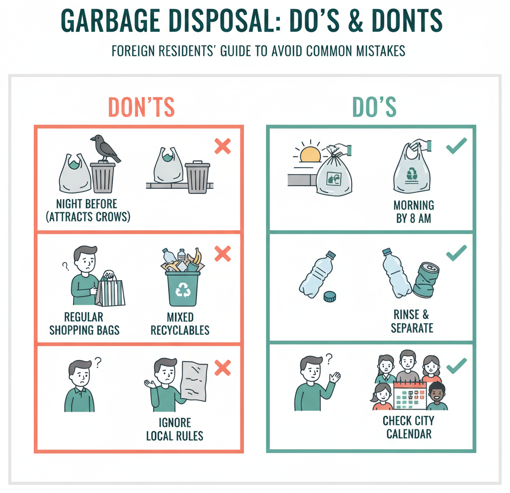 Do's and don'ts infographic for garbage disposal in Japan