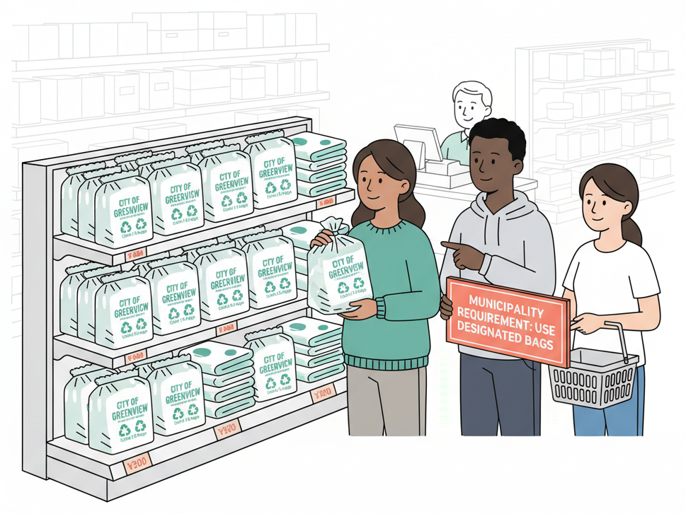 Designated garbage bags of various sizes displayed at a convenience store