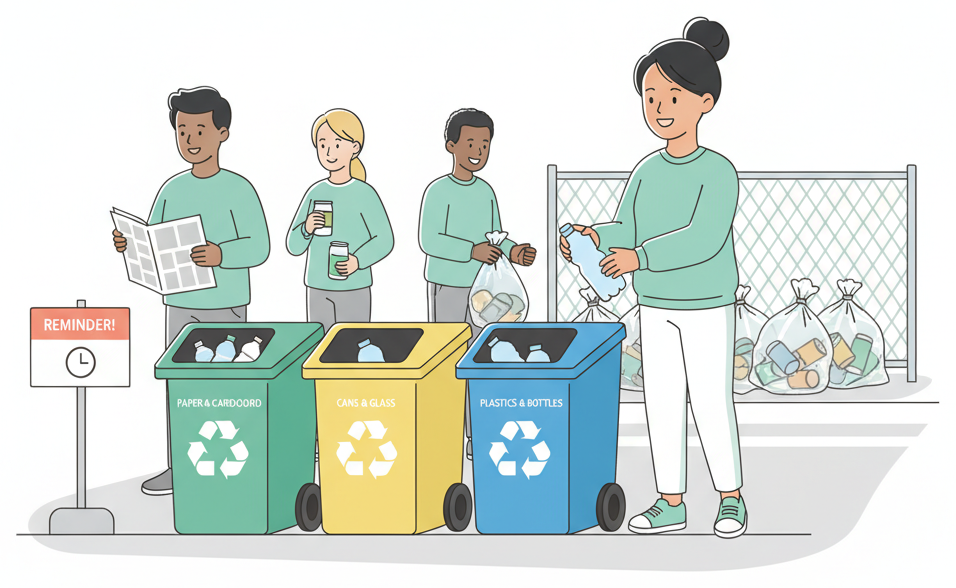 Person sorting recyclables into color-coded bins on a Japanese residential street