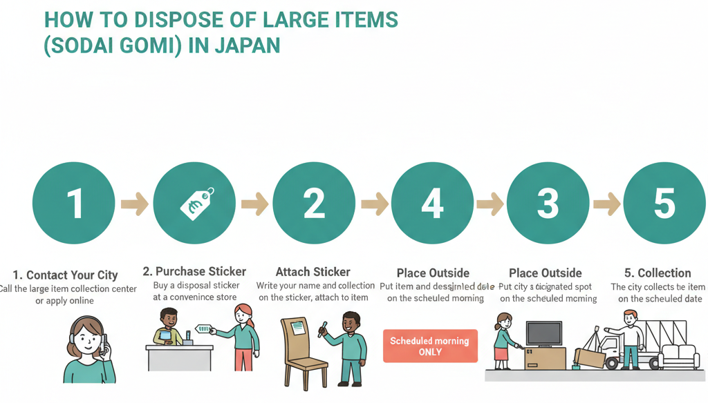 Step-by-step flowchart for disposing of large items in Japan