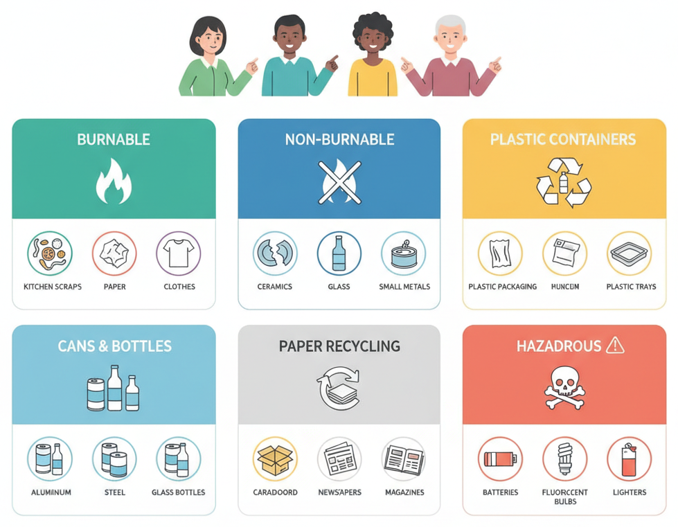 Color-coded infographic of garbage sorting categories with example items