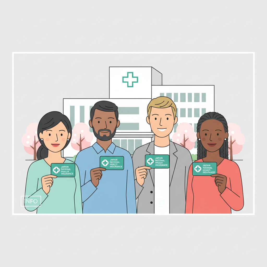 Diverse foreign residents in Japan holding a health insurance card in front of a hospital