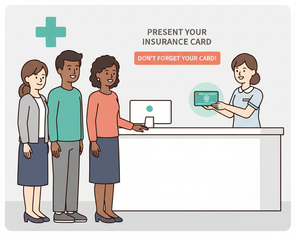 Foreign resident presenting health insurance card at a hospital reception desk