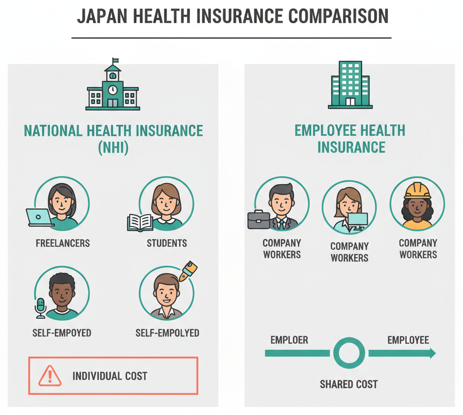 Comparison infographic of NHI versus Employee Health Insurance systems