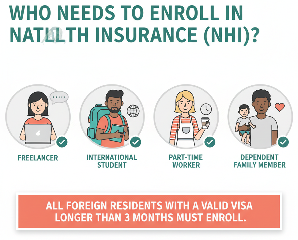 Illustration showing who needs to enroll in National Health Insurance