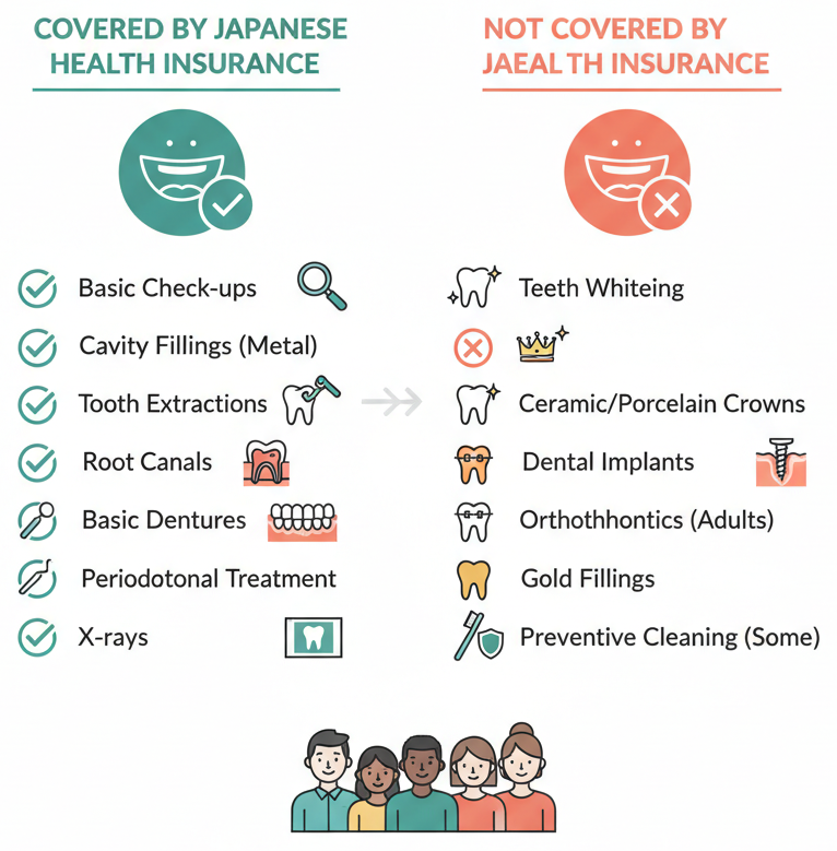Comparison chart of dental treatments covered and not covered by insurance