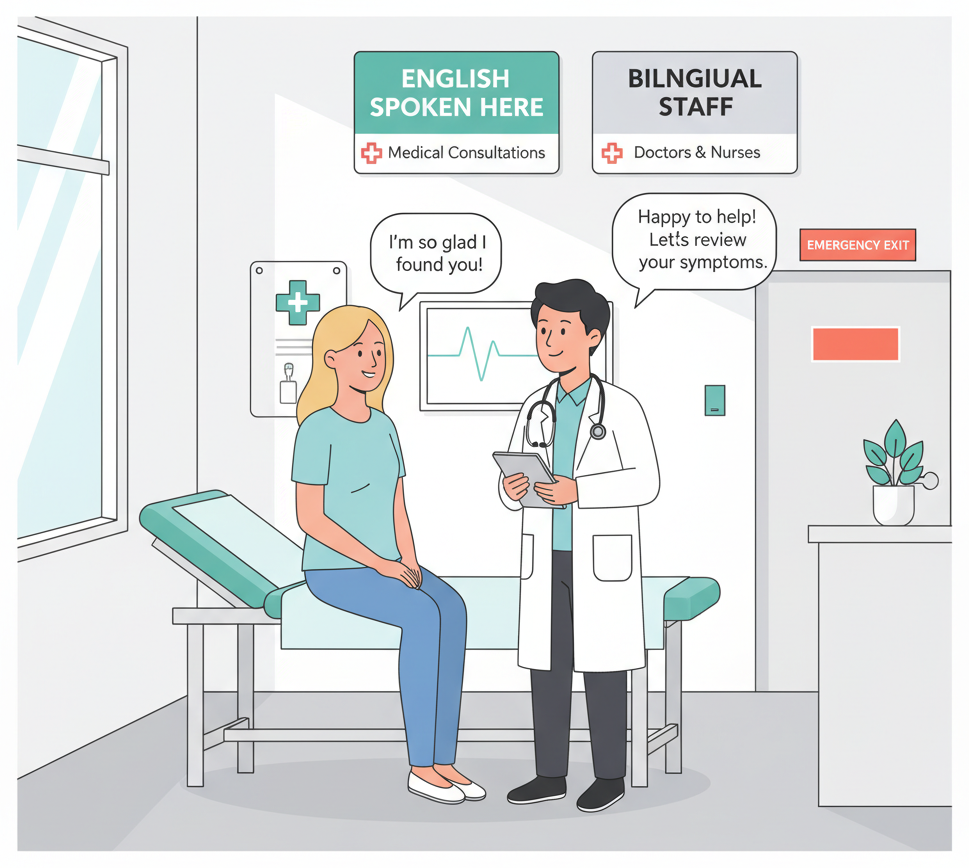 Foreign patient speaking English with a doctor at an international clinic