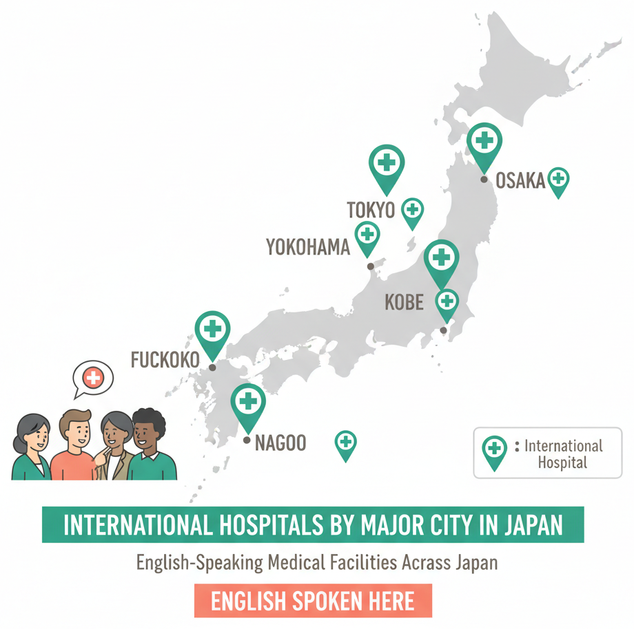 Map showing locations of international hospitals across major Japanese cities