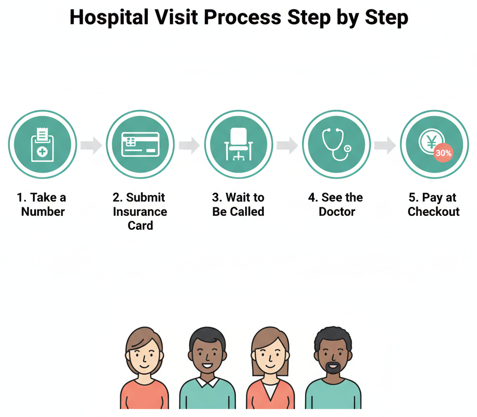 日本典型医院就诊流程的逐步流程图
