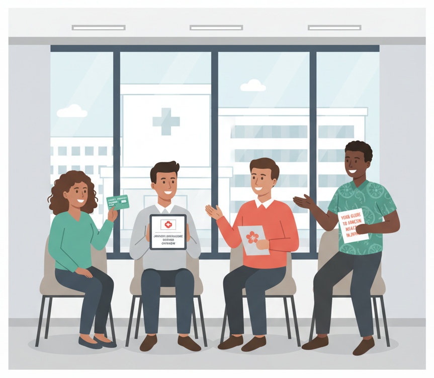 Diverse foreign residents in a modern Japanese hospital representing universal healthcare