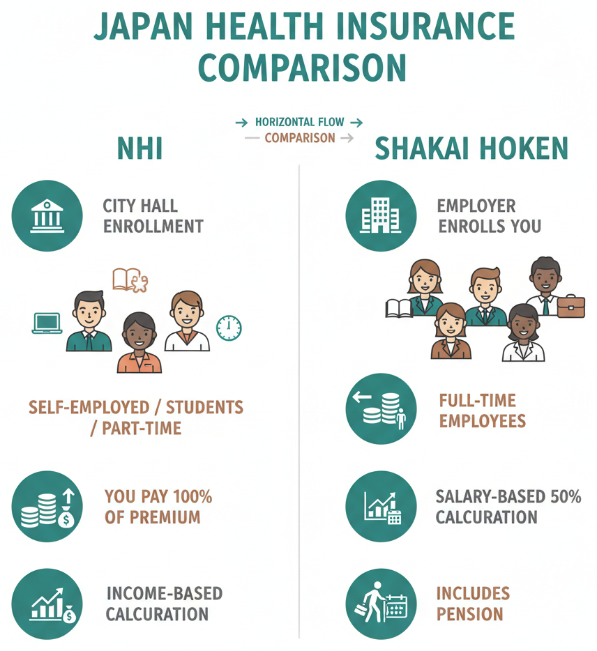 国民健康保险和社会保险特征的并排比较
