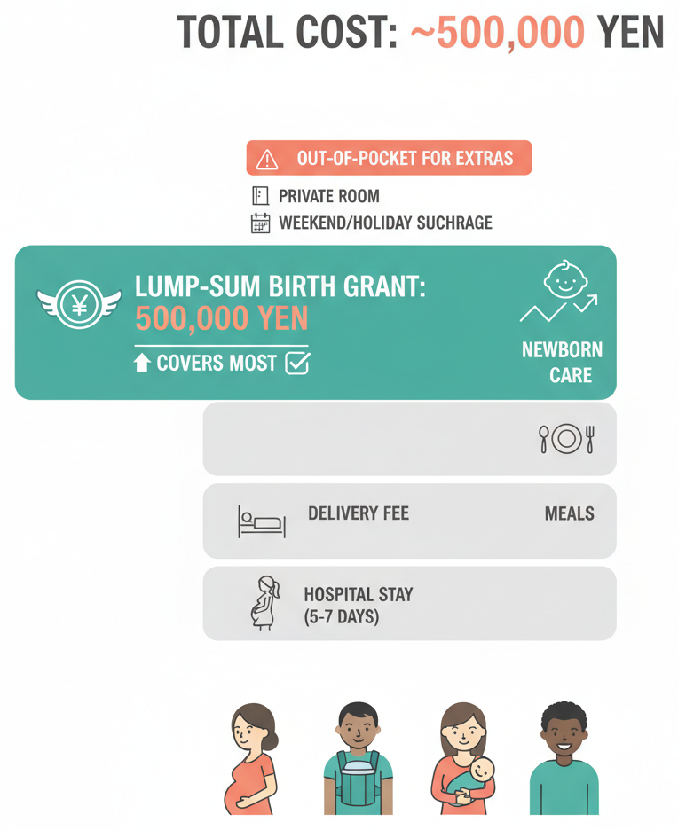 Cost breakdown infographic for childbirth in Japan showing insurance coverage