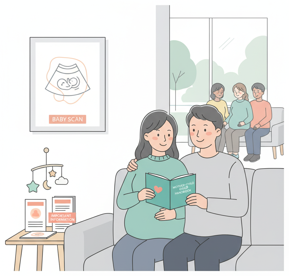 Expecting couple at a Japanese maternity clinic holding a mother-child handbook