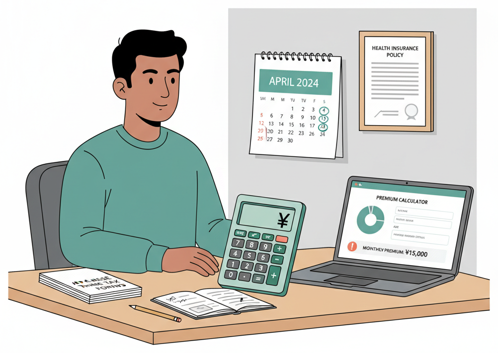 Person calculating health insurance premiums with documents and calculator